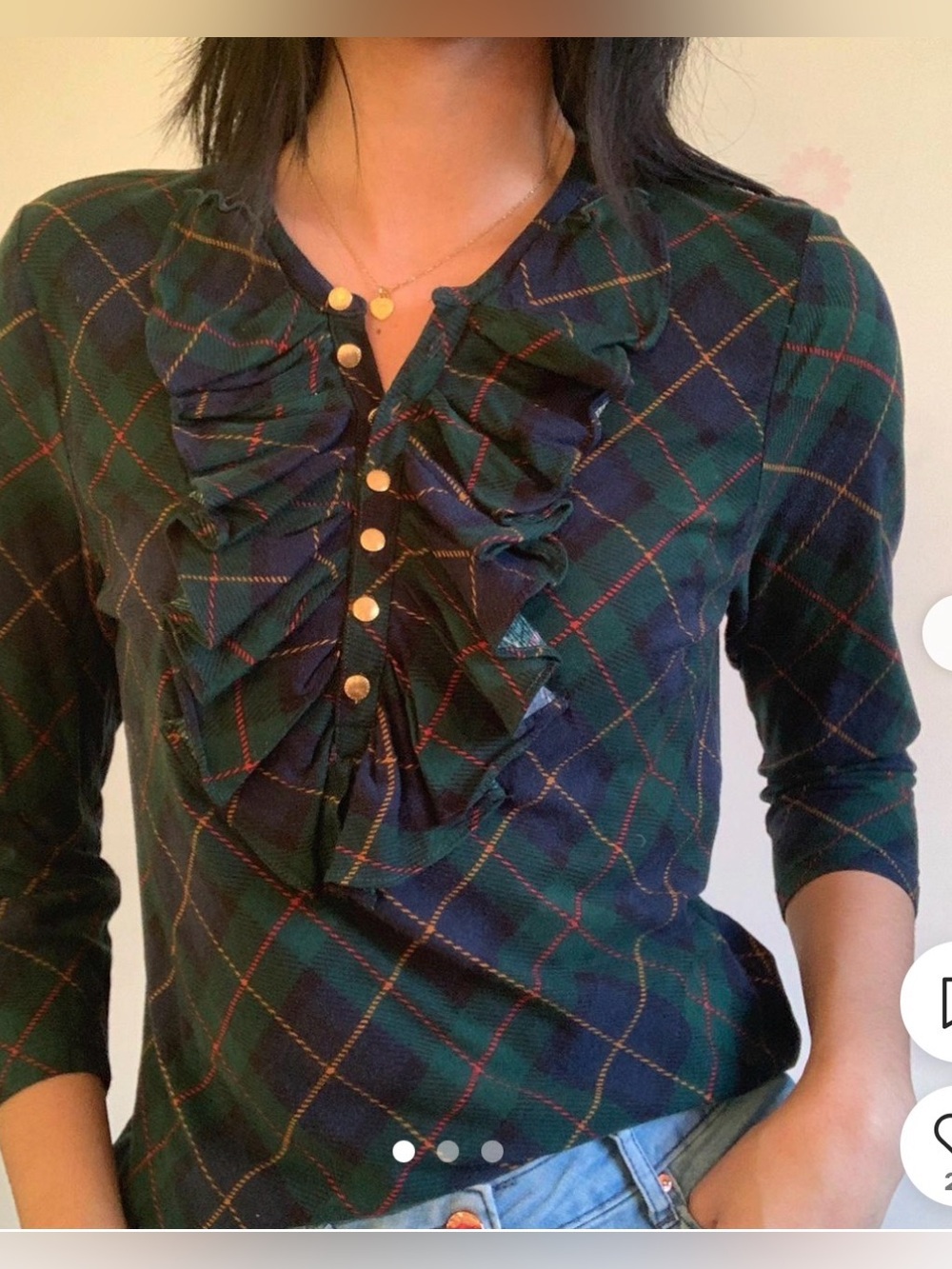 Lauren Ralph Lauren Navy and Green Plaid Ruffle Front Blouse 3X needs pressing
